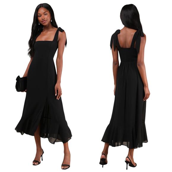 Lulus Summer Invite Black Tie-Strap Tiered Midi Dress size Small NWT - Picture 1 of 6